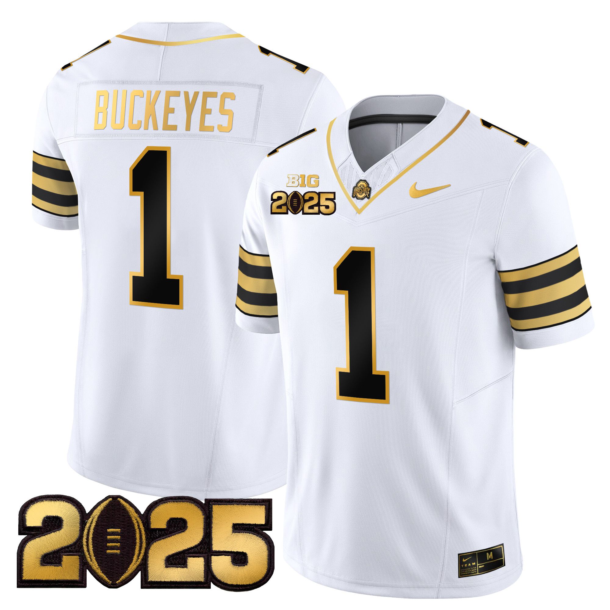 Men Ohio State Buckeyes 1 Buckeyes White 2025 CFP Final Patch Gold Vapor Limited NCAA Jersey